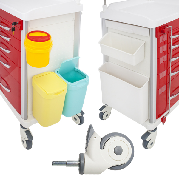 TASK EMERGENCY TROLLEY RED 5 DRAWER LOCKING BAR, DEFIB SHELF, IV POLE & ACCESSORIES 63(W)x48(D)x95(H)CM