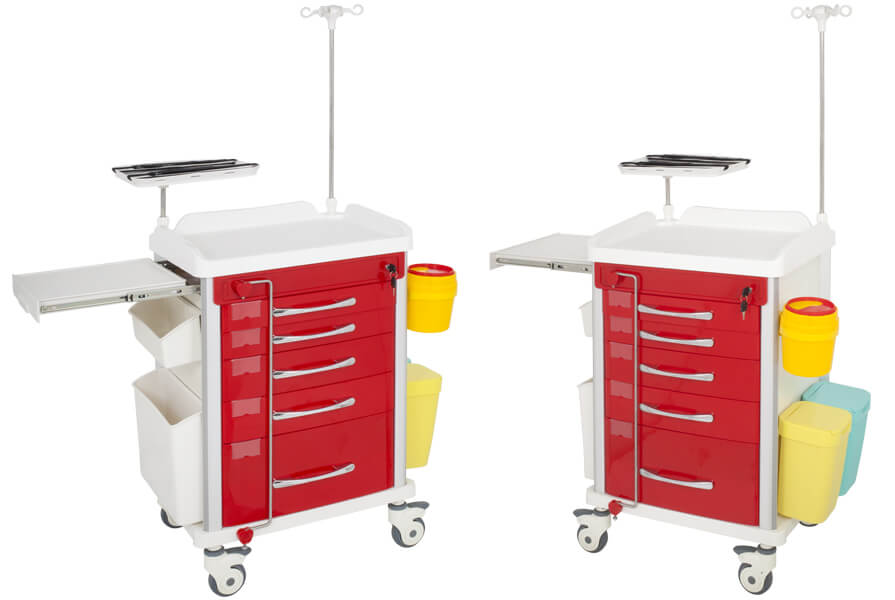 TASK EMERGENCY TROLLEY RED 5 DRAWER LOCKING BAR, DEFIB SHELF, IV POLE & ACCESSORIES 63(W)x48(D)x95(H)CM