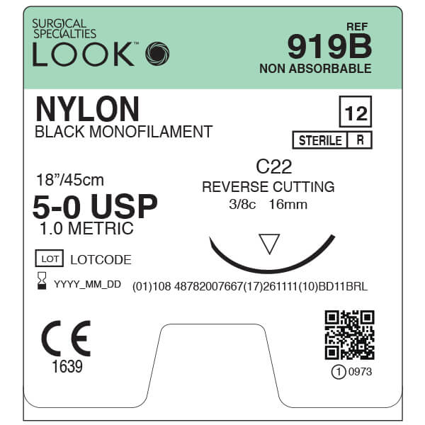 LOOK NYLON SUTURE 5/0 16MM NEEDLE 45CM THREAD 919B - Box of 12
