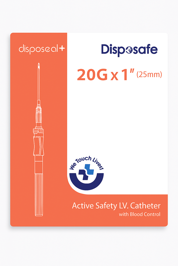 DISPOSAFE DISPOSEAL ACTIVE SAFETY I.V. CATHETER WITH BLOOD CONTROL 20G x 1" (25mm) - Box of 50