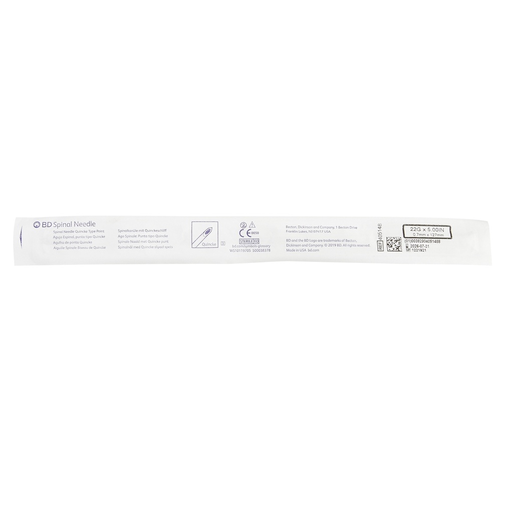 BD SPINAL NEEDLE QUINCKE 22G x 5"(127mm) - BOX OF 10 (405148) (400366)