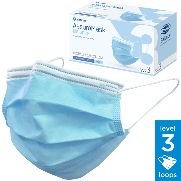 MEDICOM ASSURE LEVEL 3 BLUE FACE MASK WITH EARLOOP - 50 (GMK212815)